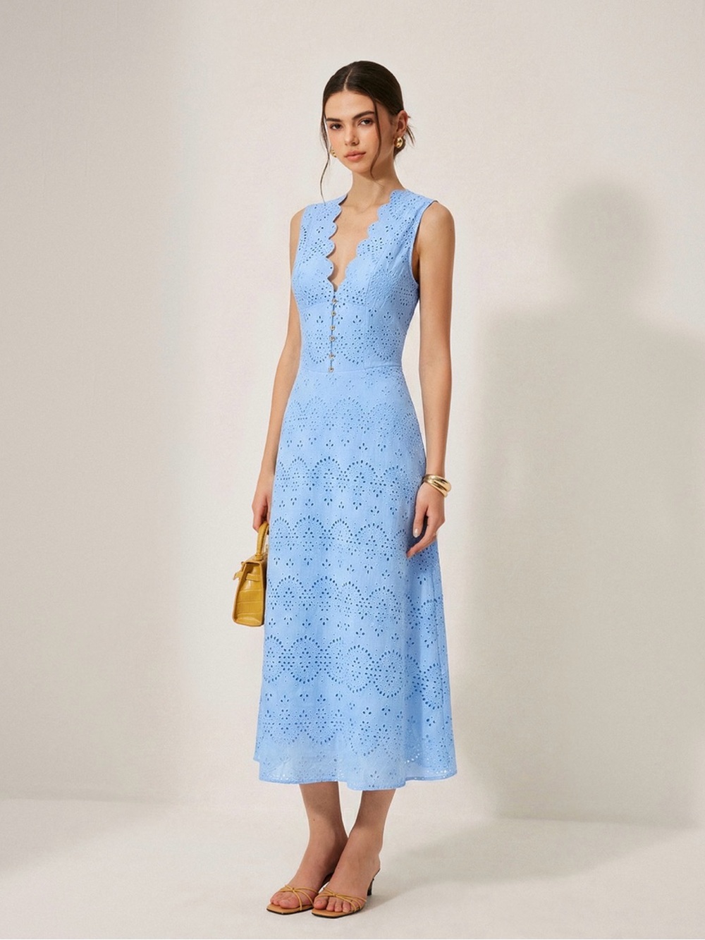 Commense Blue Cotton Embroidered Scalloped Eyelet Dress